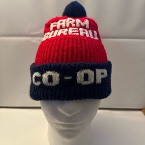 Farm Bureau Co-Op Men's Knit Beanie Hat Red Blue Spell Out Logo Vintage